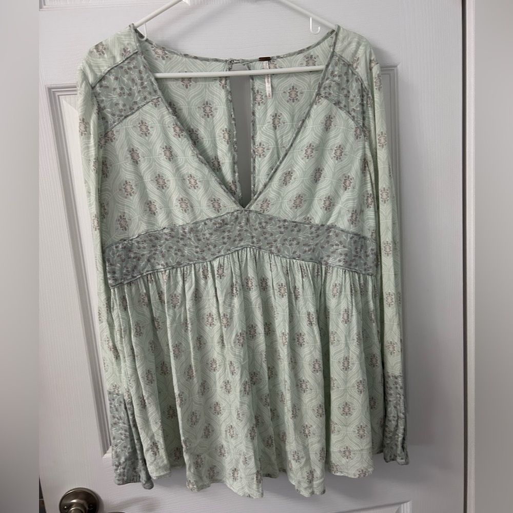 Free People Sage Green Patterned Blouse